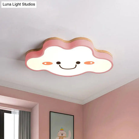 Smiling Cloud Led Flush Mount Ceiling Light - Frosted Acrylic Bedroom Lighting Fixture For Kids Pink