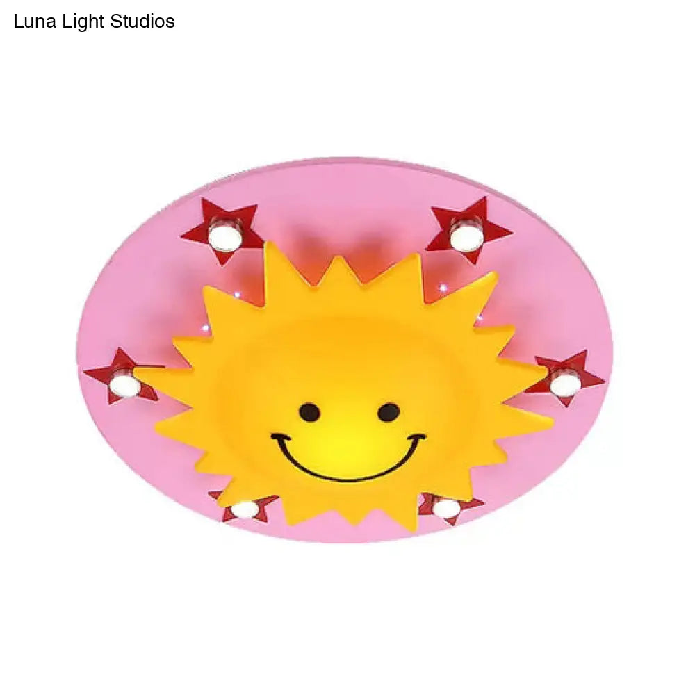 Smiling Sun Flush Ceiling Light In Yellow For Game Room - Cartoon Design Wood Finish Pink / D