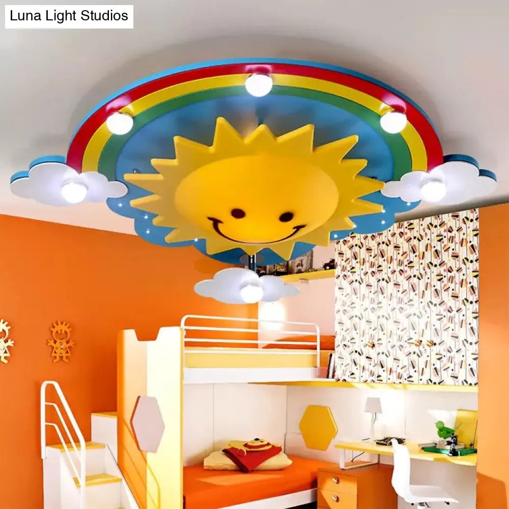 Smiling Sun Flush Ceiling Light In Yellow For Game Room - Cartoon Design Wood Finish