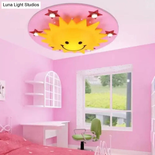 Smiling Sun Flush Ceiling Light In Yellow For Game Room - Cartoon Design Wood Finish