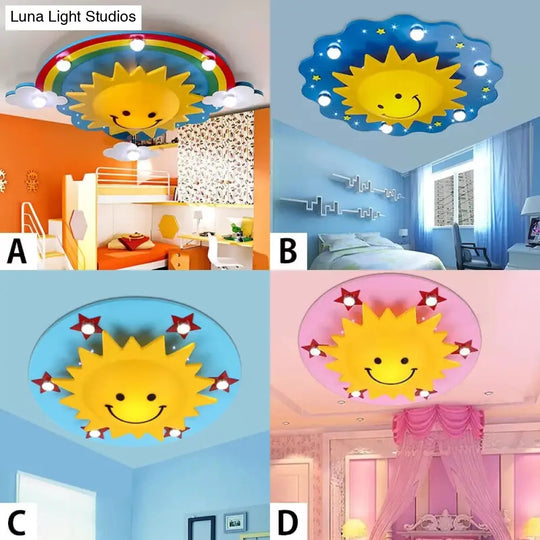 Smiling Sun Flush Ceiling Light In Yellow For Game Room - Cartoon Design Wood Finish