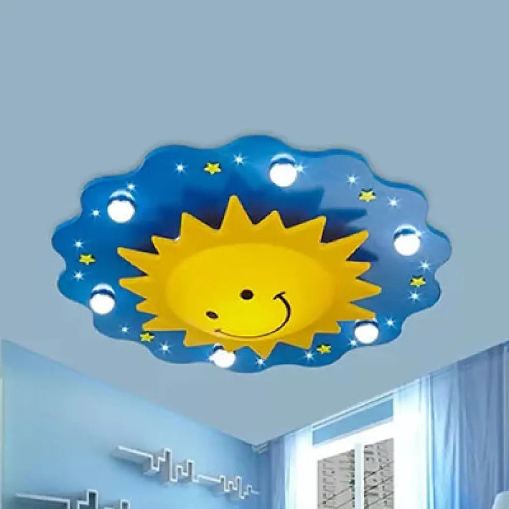 Smiling Sun Flush Ceiling Light In Yellow For Game Room - Cartoon Design Wood Finish Dark Blue / B