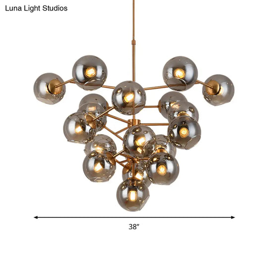 Smoke Glass Grape Chandelier - 19 Heads Pendant Light In Brass For Hotels