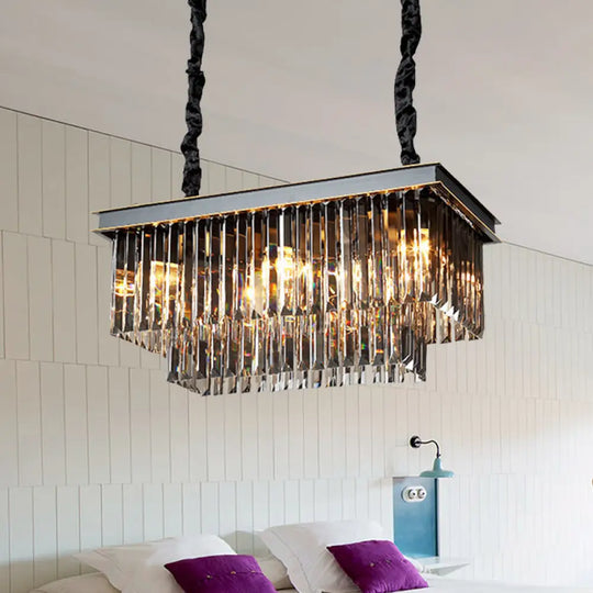 Smoke Gray Crystal Block Rectangle Chandelier Lamp - Traditional 8/11 Heads Matte Black Hanging