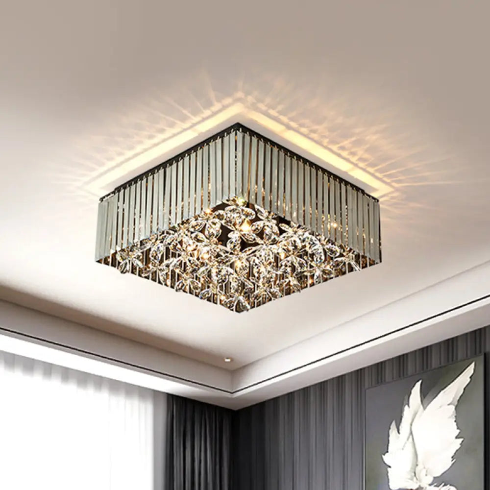 Smoke Gray Crystal Flush Mount With Flower Droplet - 7 Head Modern Light Fixture For Bedrooms