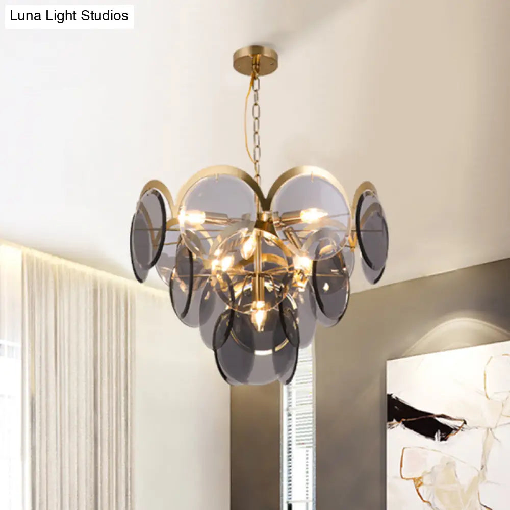 Smoke Gray Glass 7-Head Round Panel Pendant Light Fixture: Modern Brass Hanging Chandelier