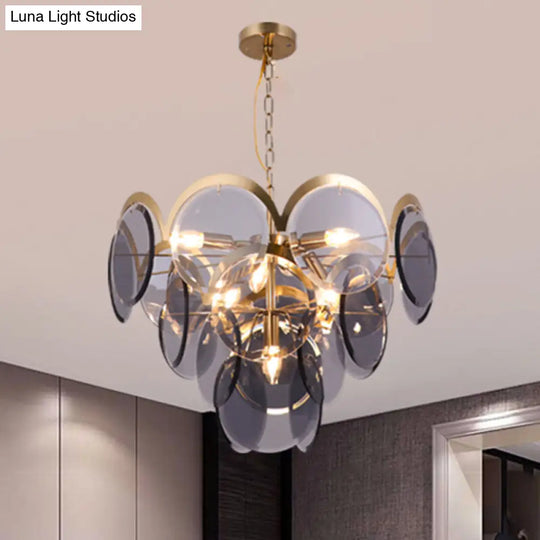 Smoke Gray Glass Round Panel Pendant With 7 Brass Heads - Modern Chandelier