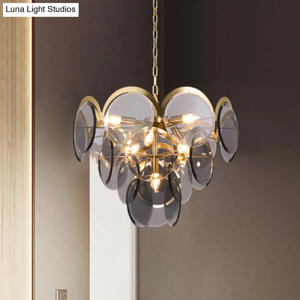 Smoke Gray Glass Round Panel Pendant With 7 Brass Heads - Modern Chandelier