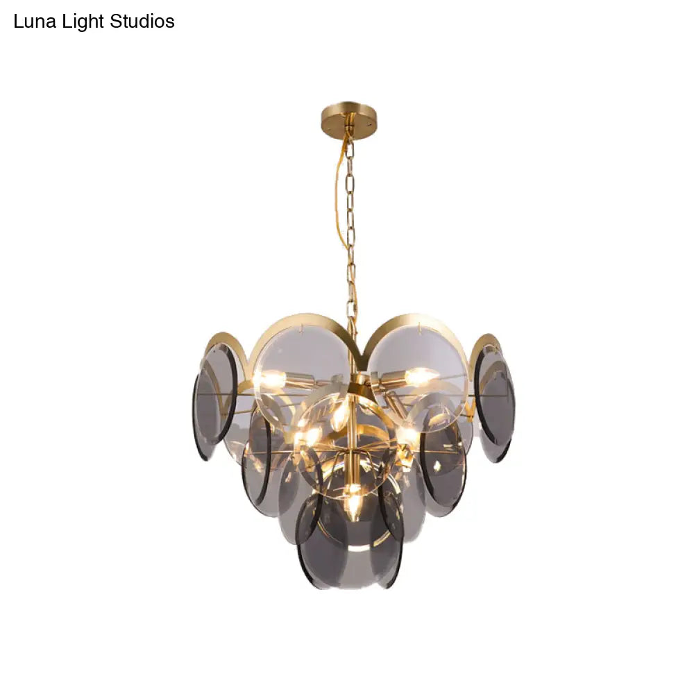 Smoke Gray Glass 7-Head Round Panel Pendant Light Fixture: Modern Brass Hanging Chandelier