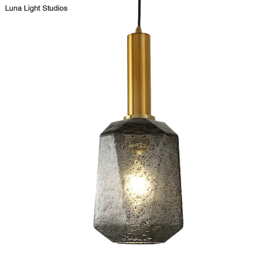 Smoke Gray Glass Bedside Pendant Lighting - Industrial Brass Hanging Ceiling Lamp