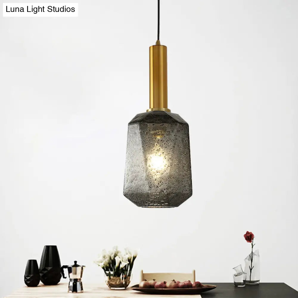 Smoke Gray Glass Bedside Pendant Lighting - Industrial Brass Hanging Ceiling Lamp