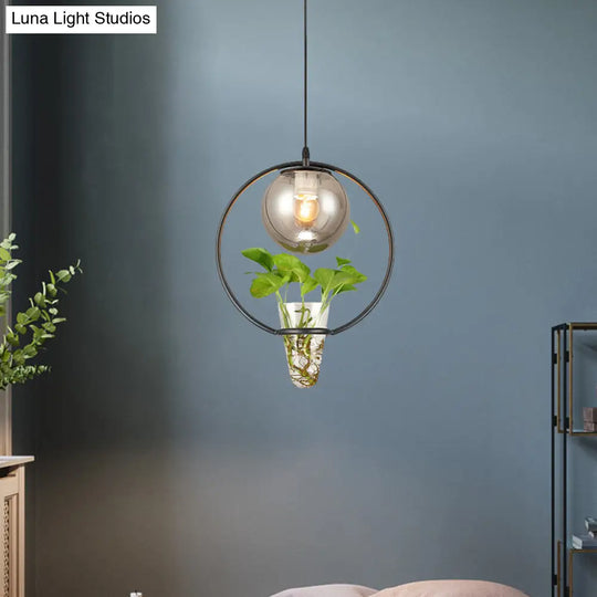 Smoke Gray Glass Ceiling Light With Iron Ring And Plant Cup - 1 Pendant For Restaurants Warehouses