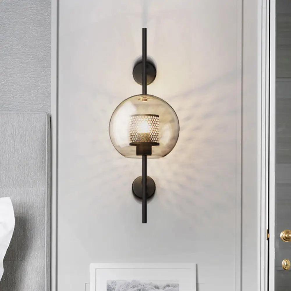 Smoke Gray Glass Colonial Sphere Wall Sconce - Black Finish Cylinder Wire Mesh Inside 8/10 Wide / 8