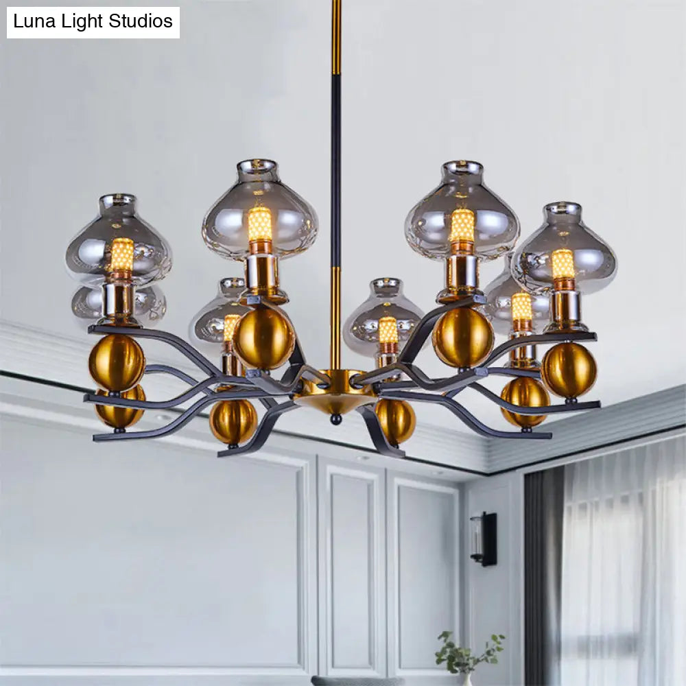 Smoke Gray Glass Hanging Chandelier 6/8-Bulb With Curved Arm In Black And Gold - Simplicity Jar