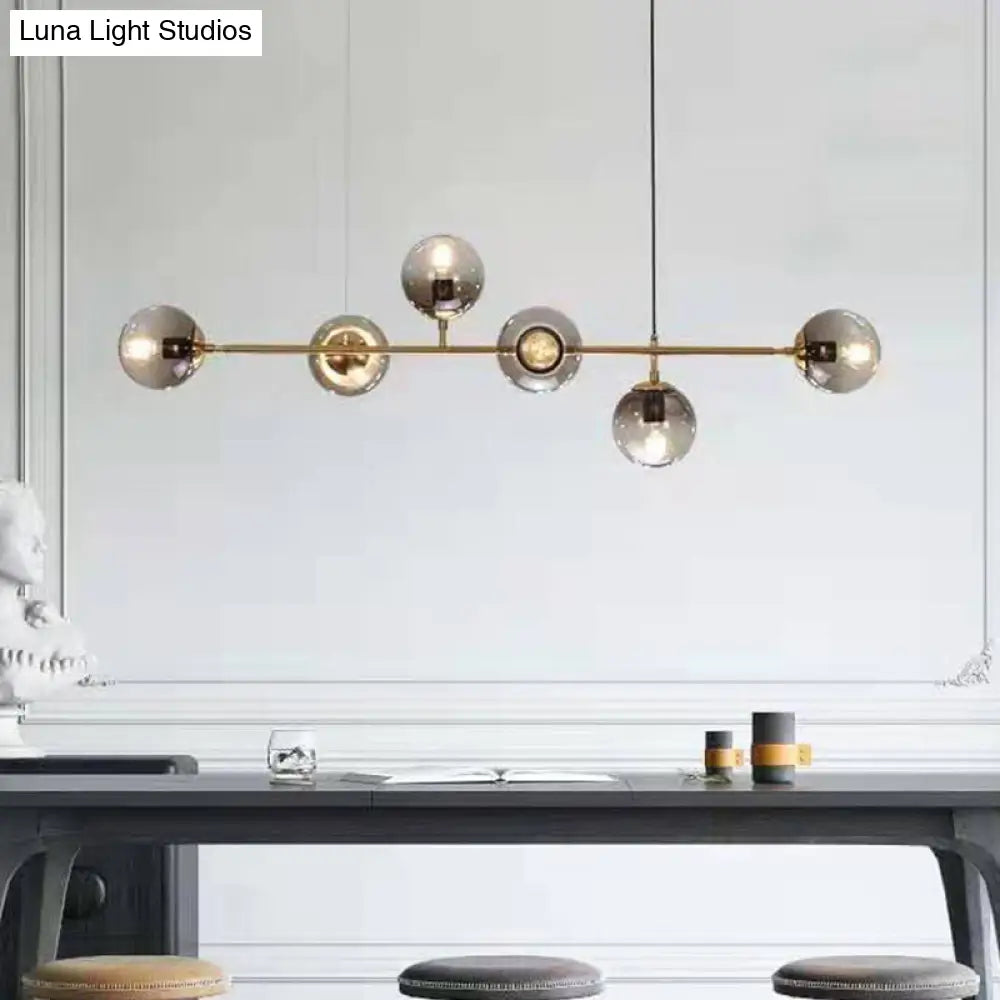 Smoke Gray Glass Hanging Pendant Light With Gold Finish - Modern Linear Design 6 Head Global