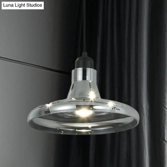 Smoke Gray Glass Pendant Light With Industrial Cone/Saucer Design For Bedroom