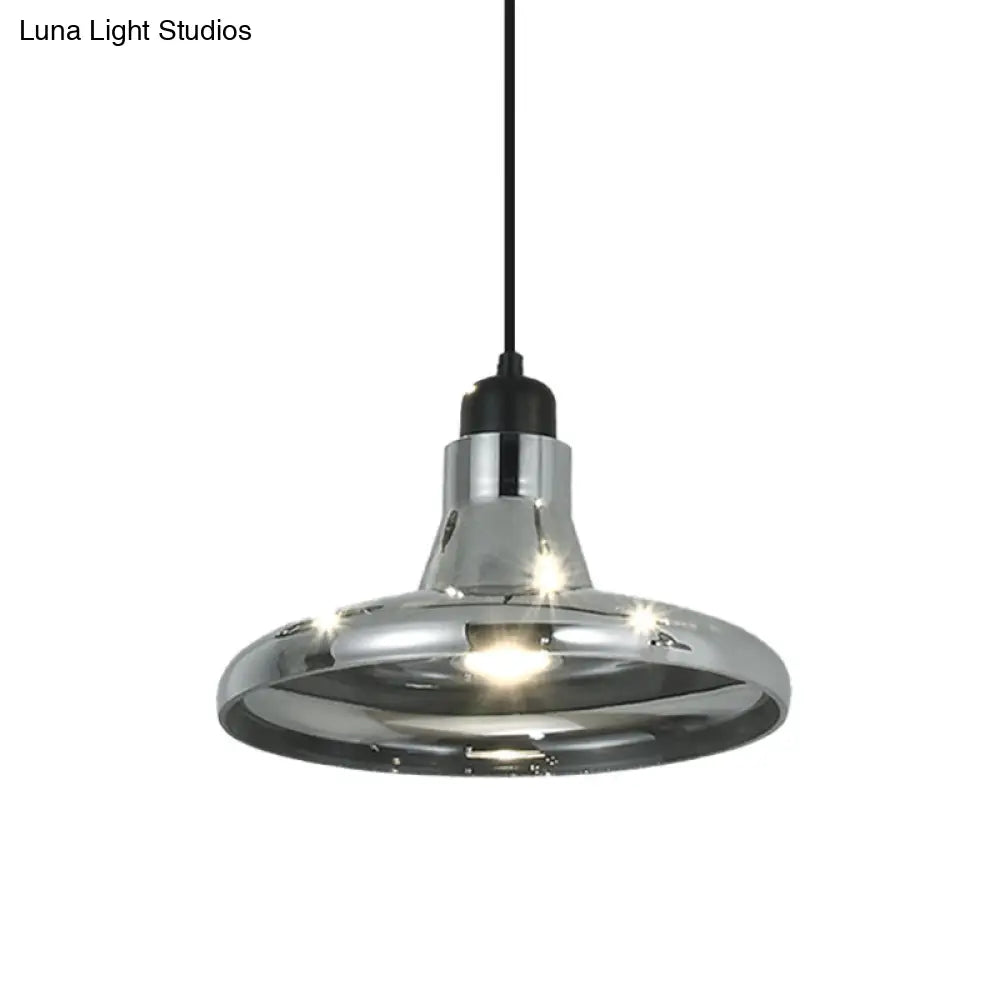 Smoke Gray Glass Pendant Light With Industrial Cone/Saucer Design For Bedroom