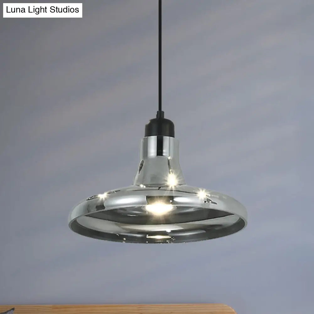 Smoke Gray Glass Pendant Light With Industrial Cone/Saucer Design For Bedroom