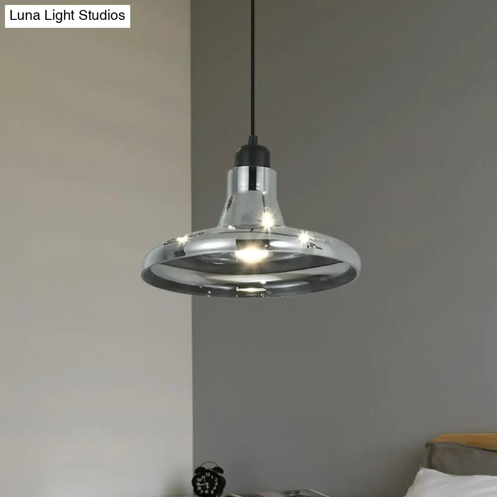 Smoke Gray Glass Pendant Light With Industrial Cone/Saucer Design For Bedroom / D