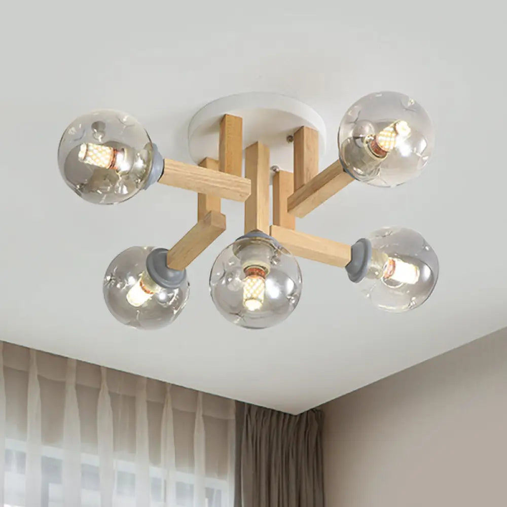 Smoke Gray Glass Modern Semi Flush Ceiling Light With Wood Arm 5/7 Bulbs - Perfect For Bedrooms 5 /