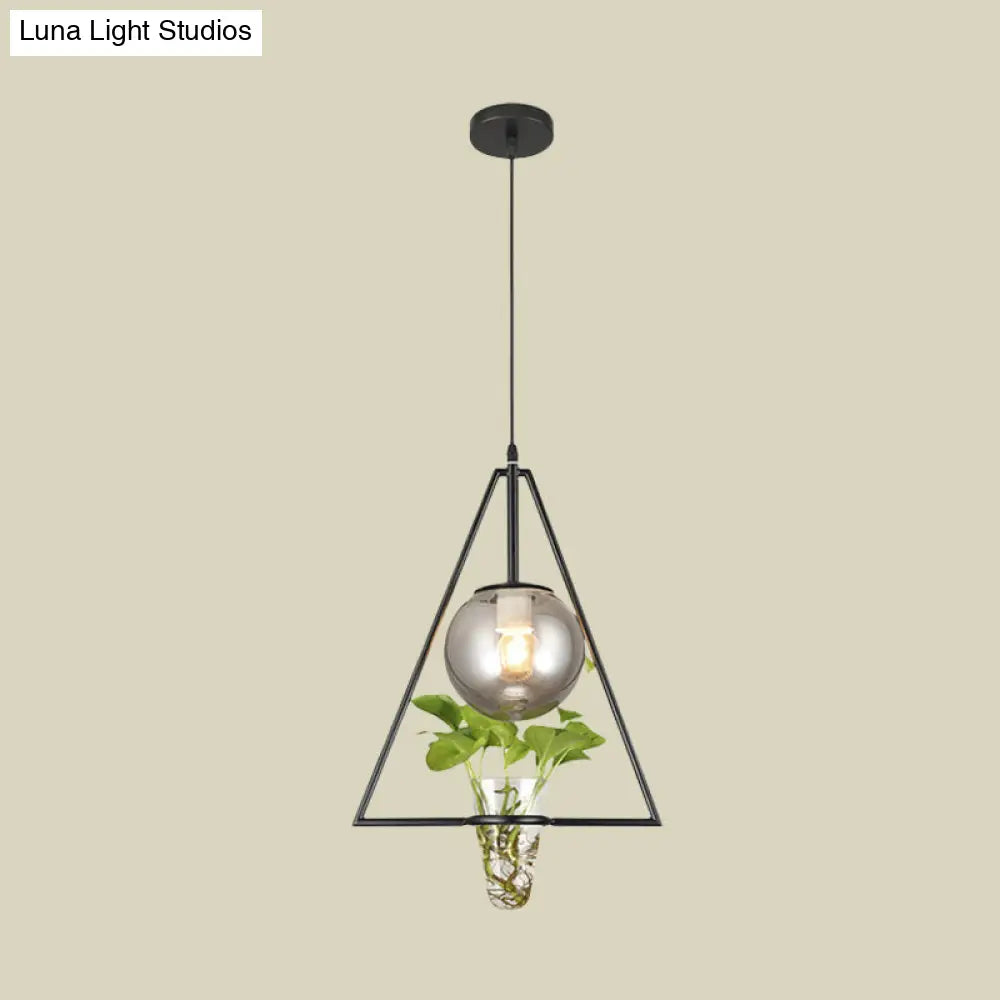 Smoke Gray Glass Pendant Light With Unique Triangle Frame And Plant Pot For Modern Bedroom