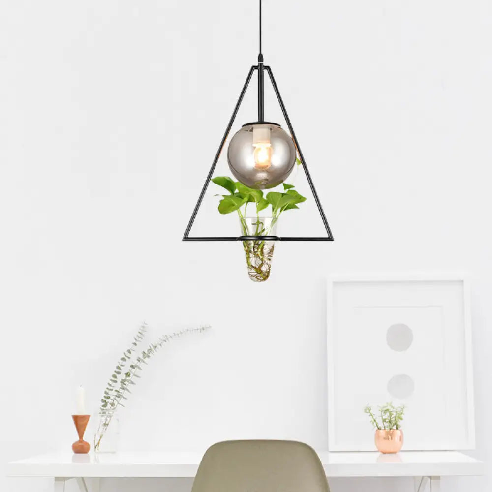Smoke Gray Glass Pendant Light With Unique Triangle Frame And Plant Pot For Modern Bedroom Black