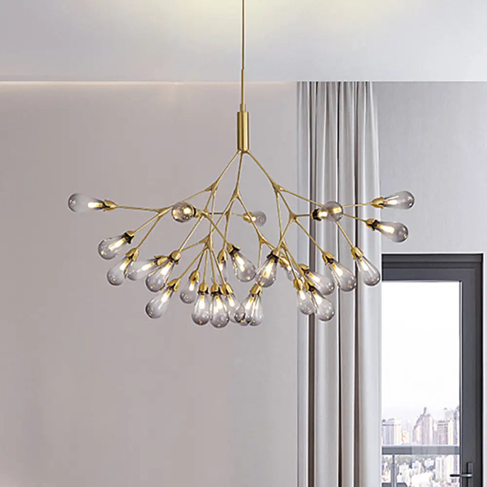 Smoke Gray Glass Teardrop Chandelier - Contemporary 27-Head Pendant Light For Living Room Ceiling