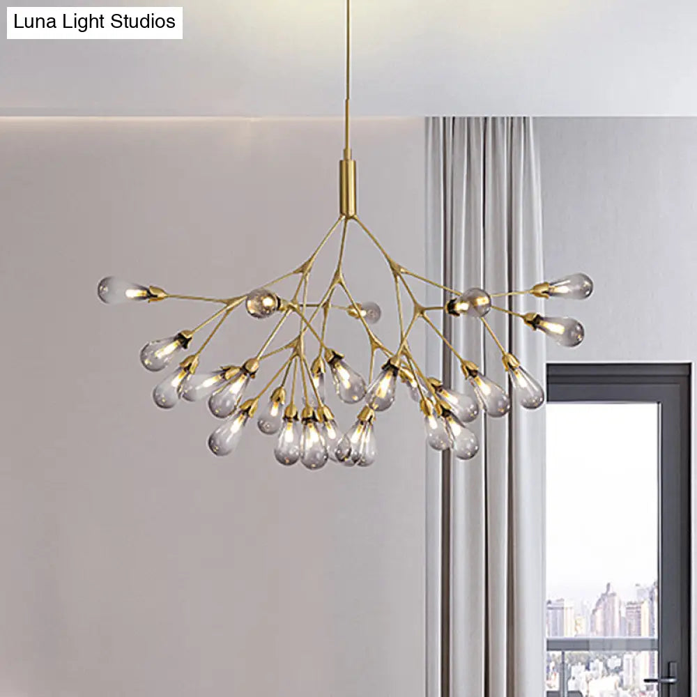 Smoke Gray Glass Teardrop Chandelier - Contemporary 27-Head Pendant Light For Living Room Ceiling