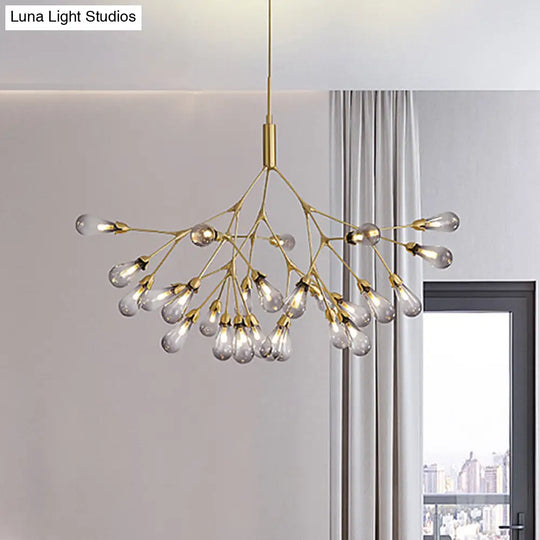 Smoke Gray Glass Teardrop Chandelier - Contemporary 27-Head Pendant Light For Living Room Ceiling