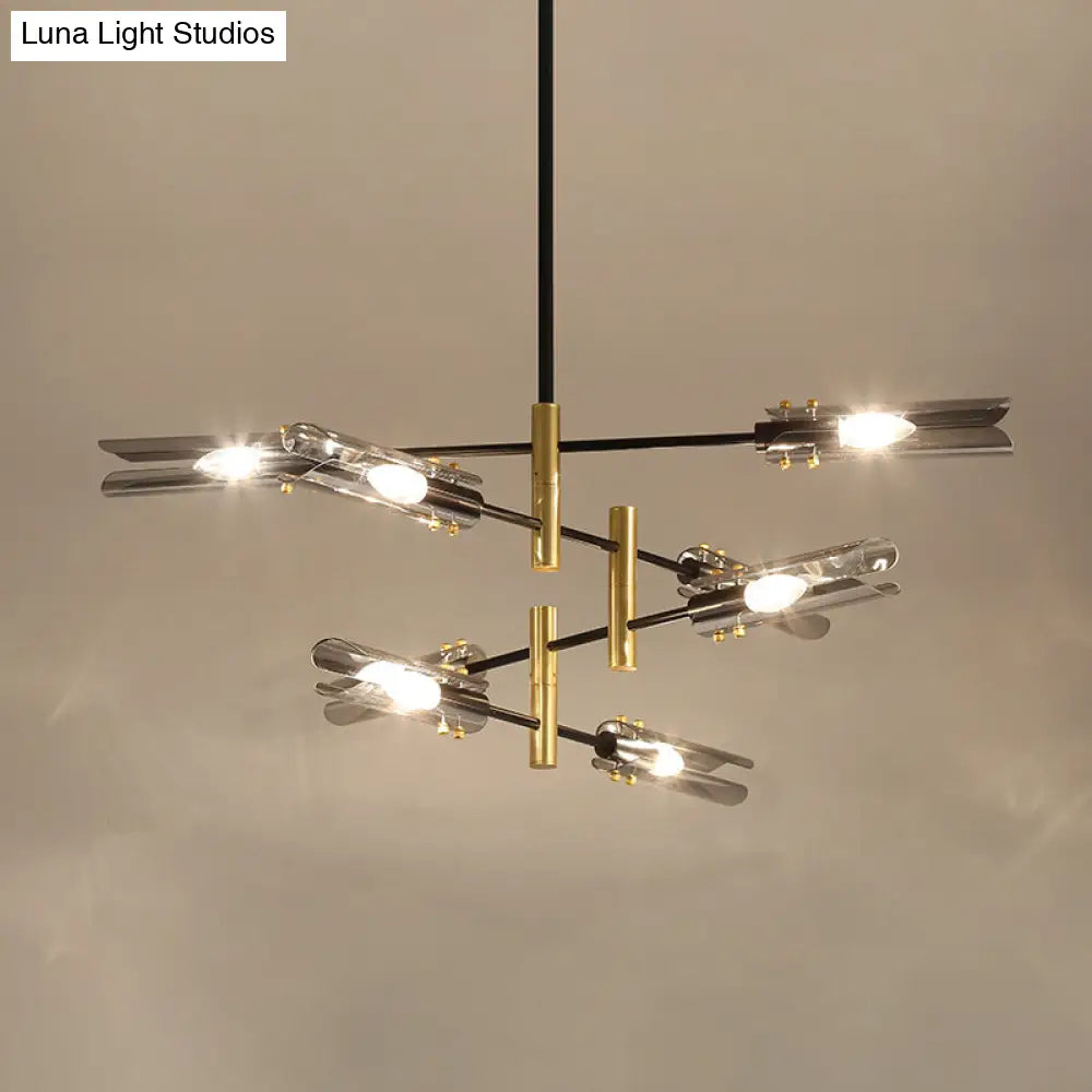 Modern Smoke Gray Glass Chandelier With 8 Black And Brass Pendant Lights