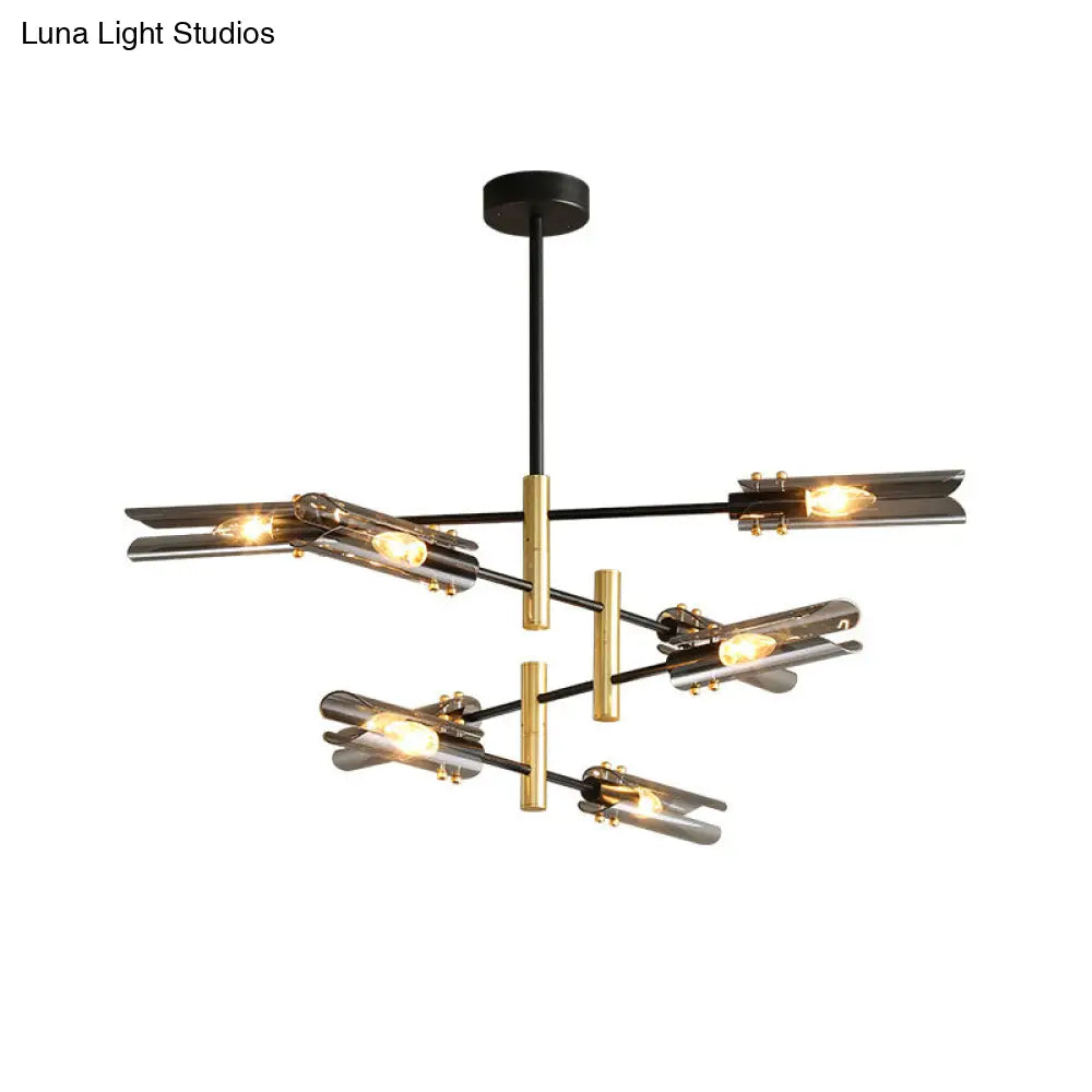 Smoke Gray Glass Tubular Chandelier - Modern 8-Head Ceiling Pendant Lamp With Black & Brass Finish