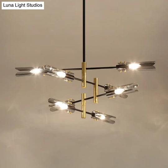 Smoke Gray Glass Tubular Chandelier - Modern 8-Head Ceiling Pendant Lamp With Black & Brass Finish