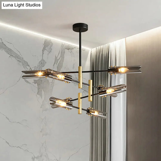 Modern Smoke Gray Glass Chandelier With 8 Black And Brass Pendant Lights