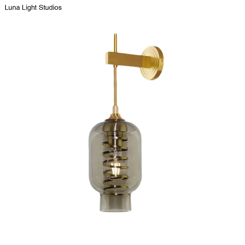 Smoke Gray Glass Wall Lantern Postmodern Brass Sconce For Tea Room