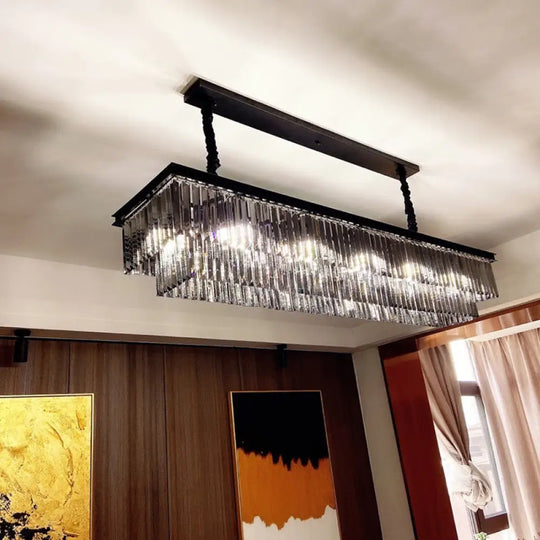 Smoke Grey Crystal Chandelier: Black Minimalist Dining Room Lighting 6 / Rectangle