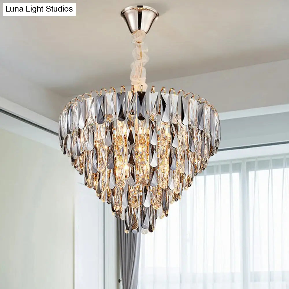 Smoke Grey Crystal Cone Pendant Chandelier - Minimalist Living Room Lamp