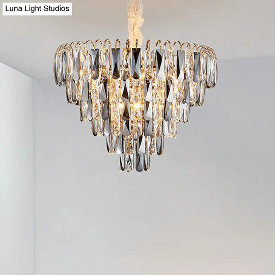 Smoke Grey Crystal Cone Pendant Chandelier - Minimalist Living Room Lamp