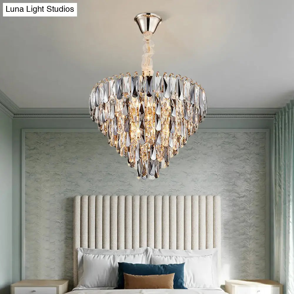 Smoke Grey Crystal Cone Pendant Chandelier - Minimalist Living Room Lamp