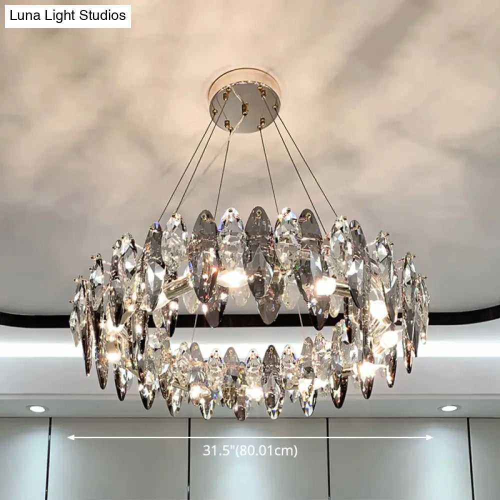 Smoke Grey Crystal Modern Drum Pendant Ceiling Light - Elegant Living Room Chandelier