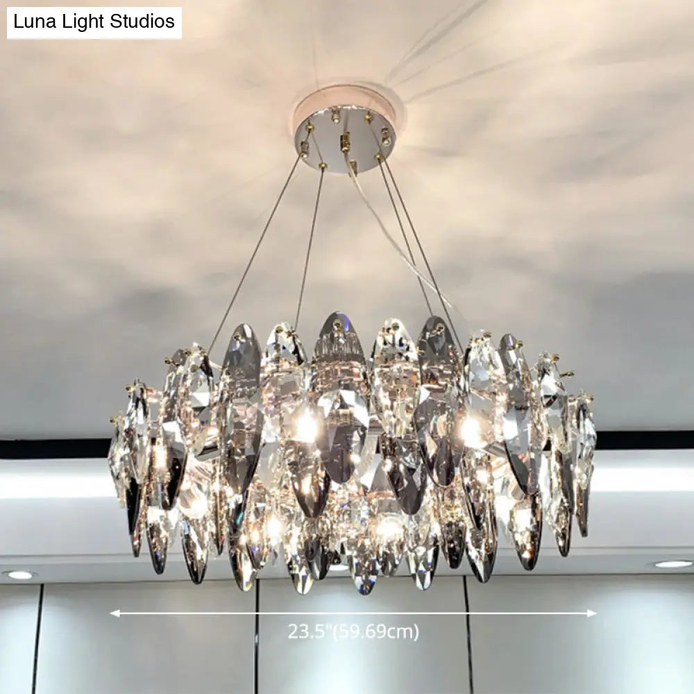 Smoke Grey Crystal Modern Drum Pendant Ceiling Light - Elegant Living Room Chandelier