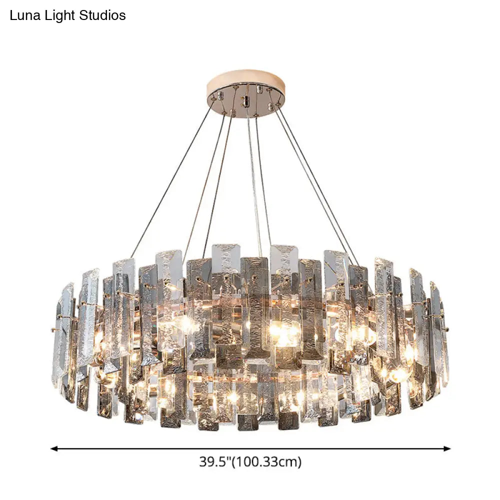 Smoke Grey Crystal Modern Drum Pendant Ceiling Light - Elegant Living Room Chandelier