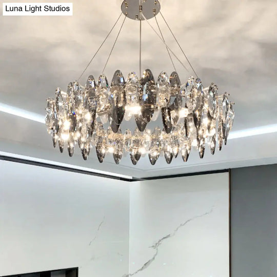 Smoke Grey Crystal Modern Drum Pendant Ceiling Light - Elegant Living Room Chandelier