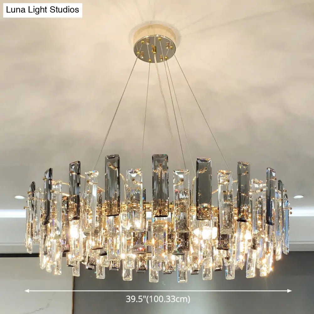 Smoke Grey Crystal Modern Drum Pendant Ceiling Light - Elegant Living Room Chandelier