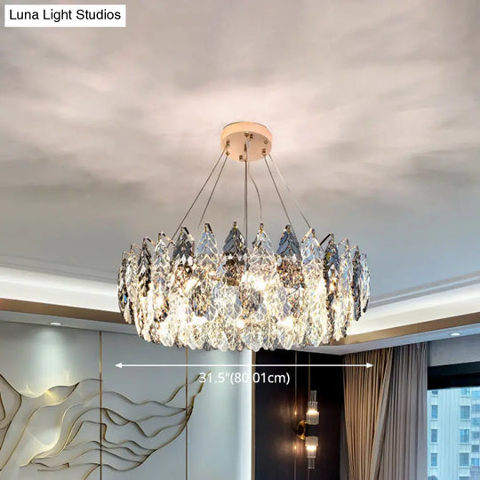 Smoke Grey Crystal Modern Drum Pendant Ceiling Light - Elegant Living Room Chandelier