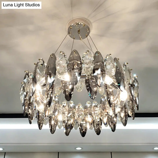 Smoke Grey Crystal Modern Drum Pendant Ceiling Light - Elegant Living Room Chandelier