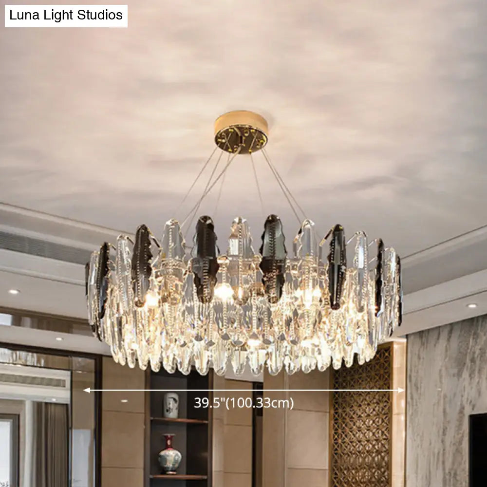 Smoke Grey Crystal Modern Drum Pendant Ceiling Light - Elegant Living Room Chandelier