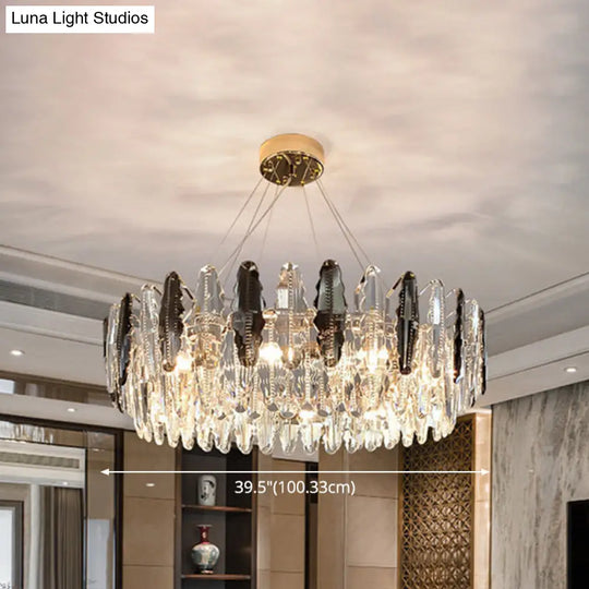 Smoke Grey Crystal Modern Drum Pendant Ceiling Light - Elegant Living Room Chandelier