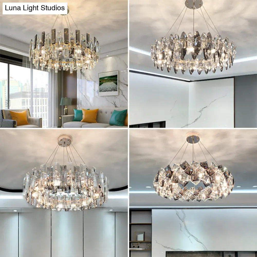 Smoke Grey Crystal Modern Drum Pendant Ceiling Light - Elegant Living Room Chandelier