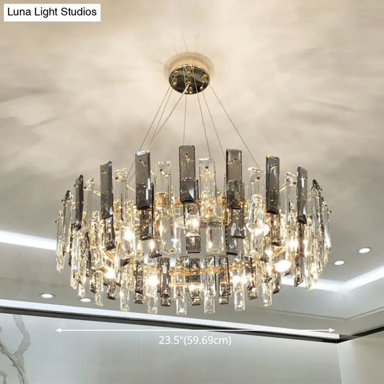 Smoke Grey Crystal Modern Drum Pendant Ceiling Light - Elegant Living Room Chandelier