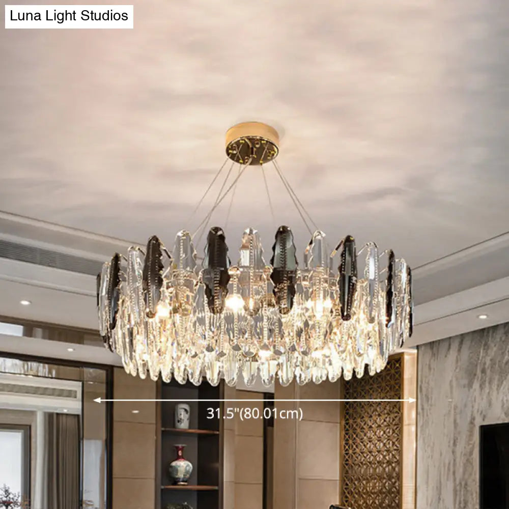 Smoke Grey Crystal Modern Drum Pendant Ceiling Light - Elegant Living Room Chandelier